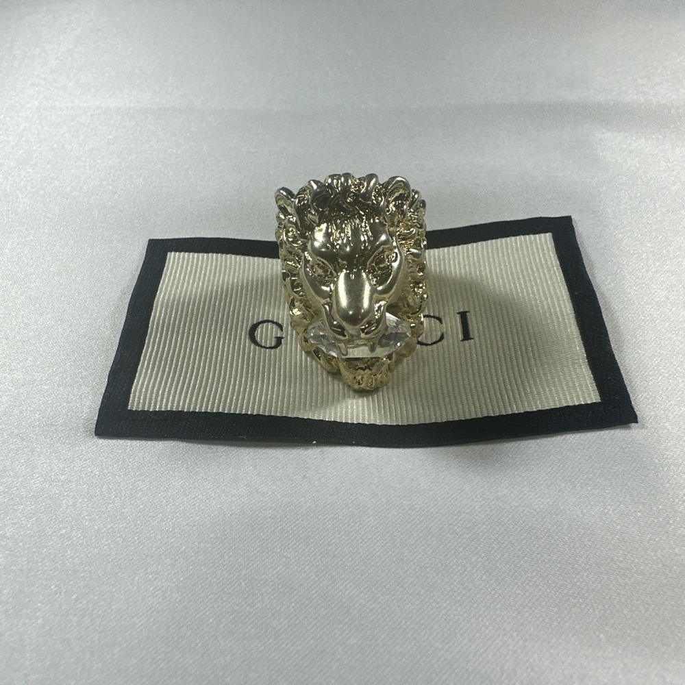 Gucci Lion Head Motif Size 7 Clear Crystal 16G Ring With COA